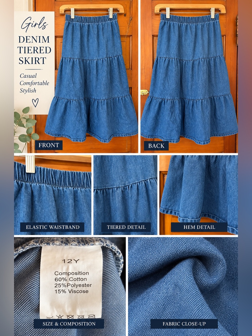 Girls Blue Denim Tiered Maxi Skirt Size 12Y Elastic Waist Cottagecore
